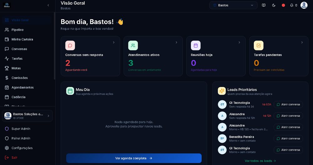 Tela inicial do BastosIA com conversas, atendimentos e leads prioritários
